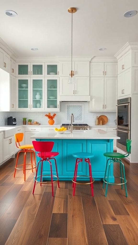 A bright kitchen featuring a turquoise island and colorful bar stools.