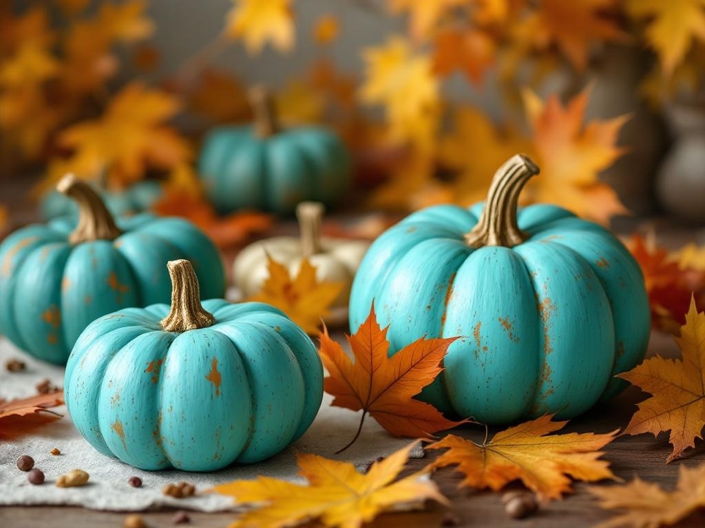 Turquoise pumpkins surrounded by autumn leaves