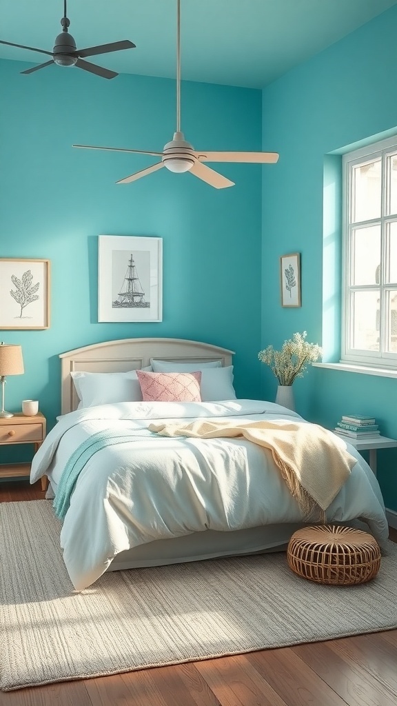 A serene bedroom with turquoise walls, a cozy bed, and natural decor.