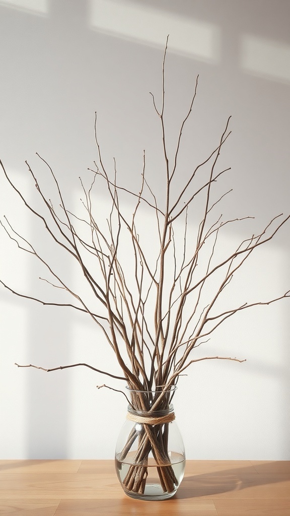 A vase filled with twigs and branches, showcasing earthy Christmas decor.
