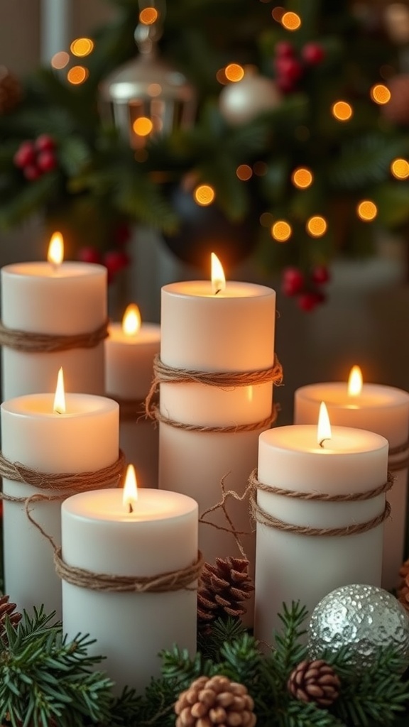 Twine-wrapped candles surrounded by pinecones and greenery, creating a cozy holiday atmosphere.