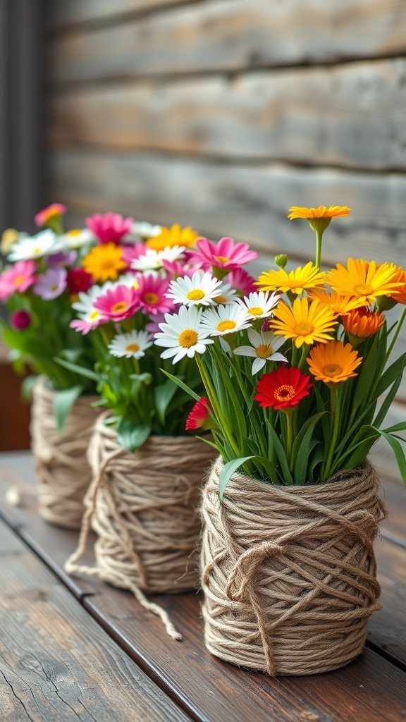 Twine-wrapped flower pots filled with colorful flowers on a wooden table.