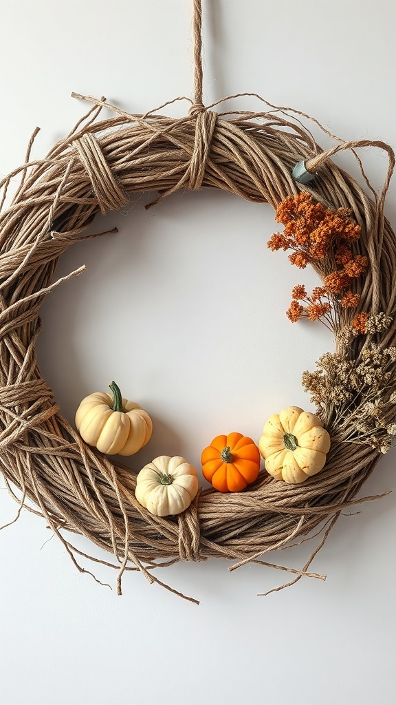 A twine-wrapped wreath with small pumpkins and dried flowers.