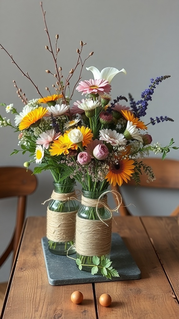 Two twine-wrapped vases filled with colorful flowers on a wooden table.