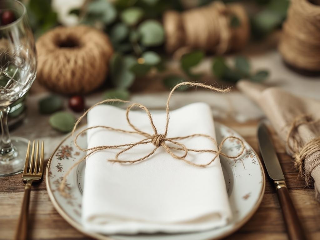 A rustic Thanksgiving table setting featuring a white napkin tied with twine on a decorative plate, surrounded by greenery and a glass.