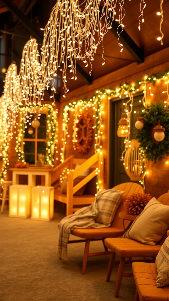 Cozy room decorated with twinkling fairy lights and a Christmas tree