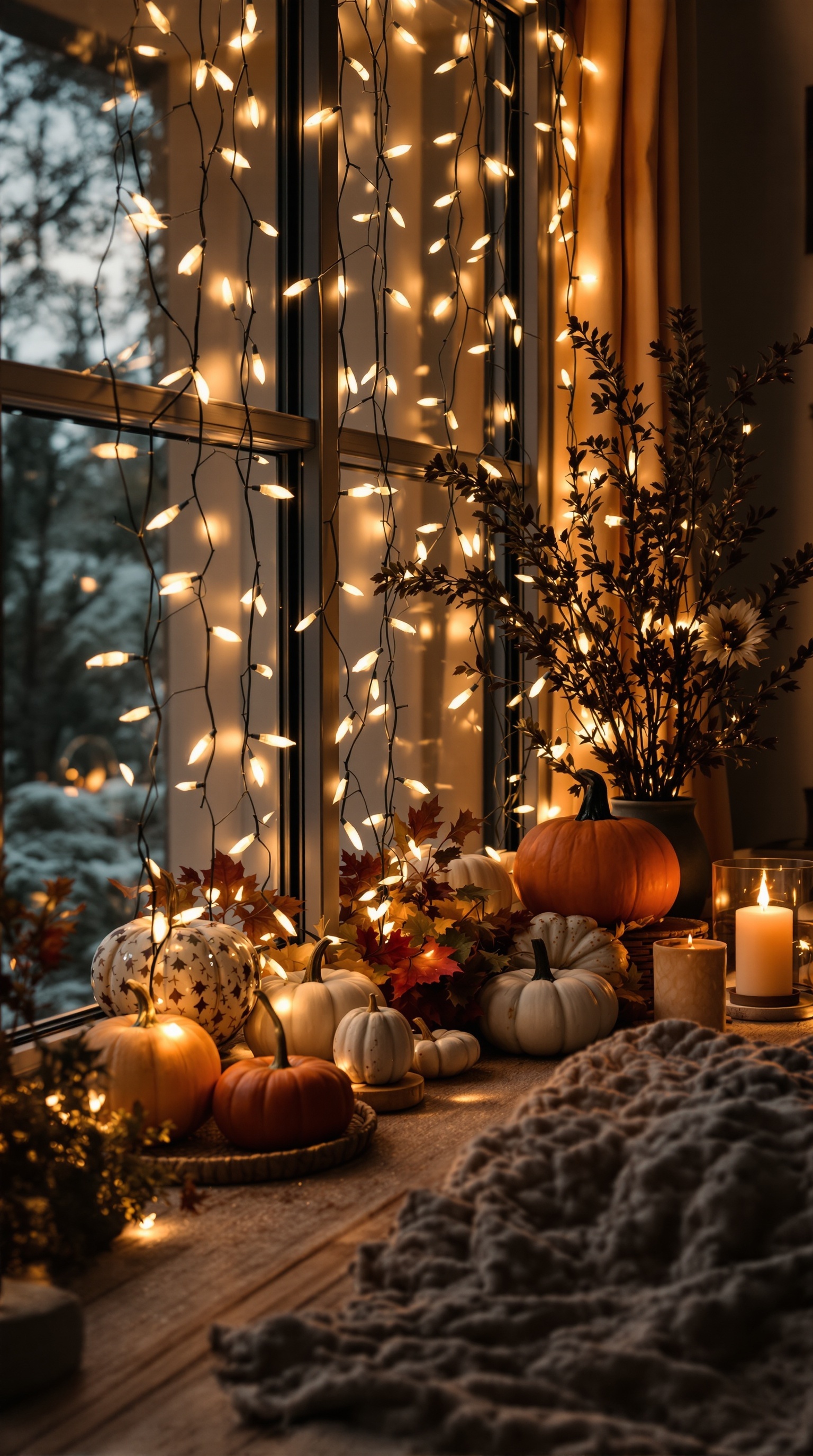 A cozy fall decor scene featuring twinkling fairy lights, pumpkins, and candles by a window.