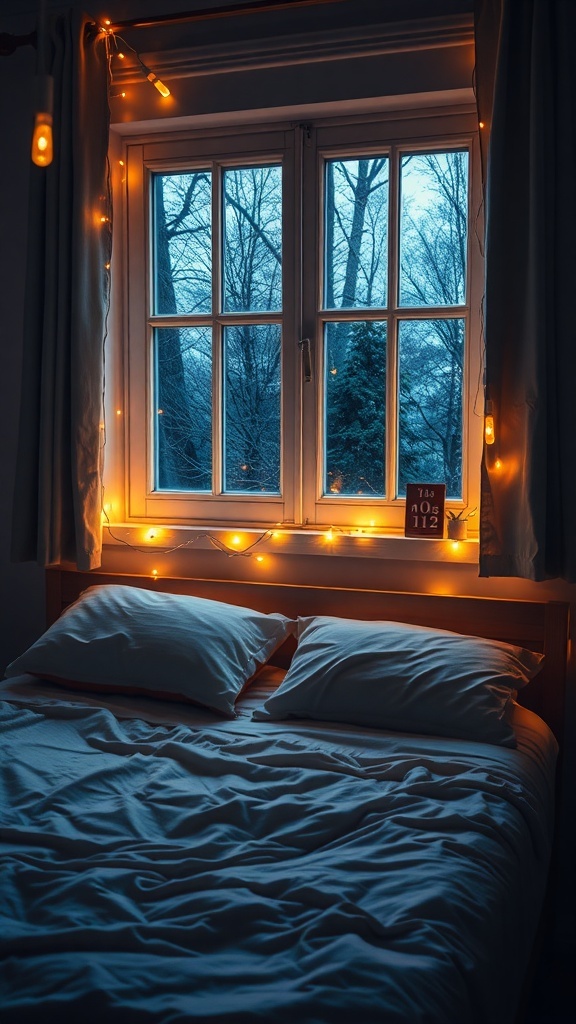 A cozy bedroom with twinkling fairy lights around the window, creating a warm atmosphere.