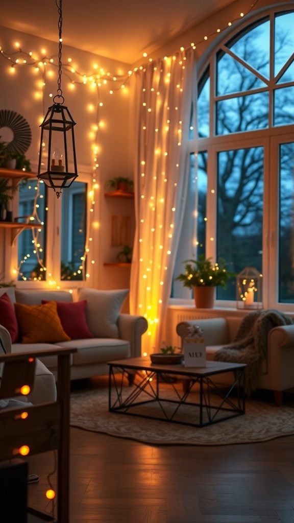 A cozy living room decorated with twinkling fairy lights, showcasing a warm and inviting atmosphere.