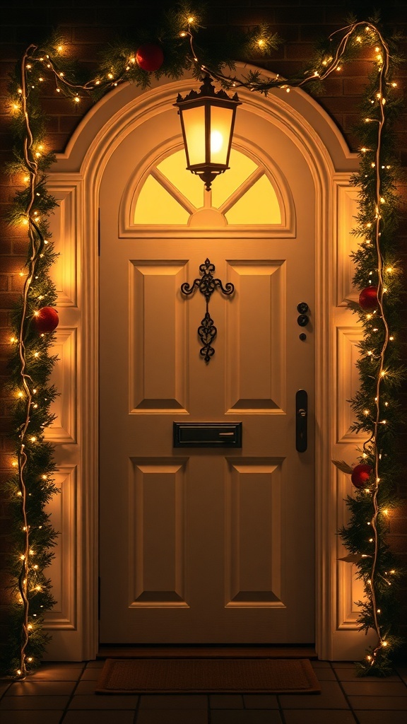 A beautifully decorated door with twinkling fairy lights and festive accents.