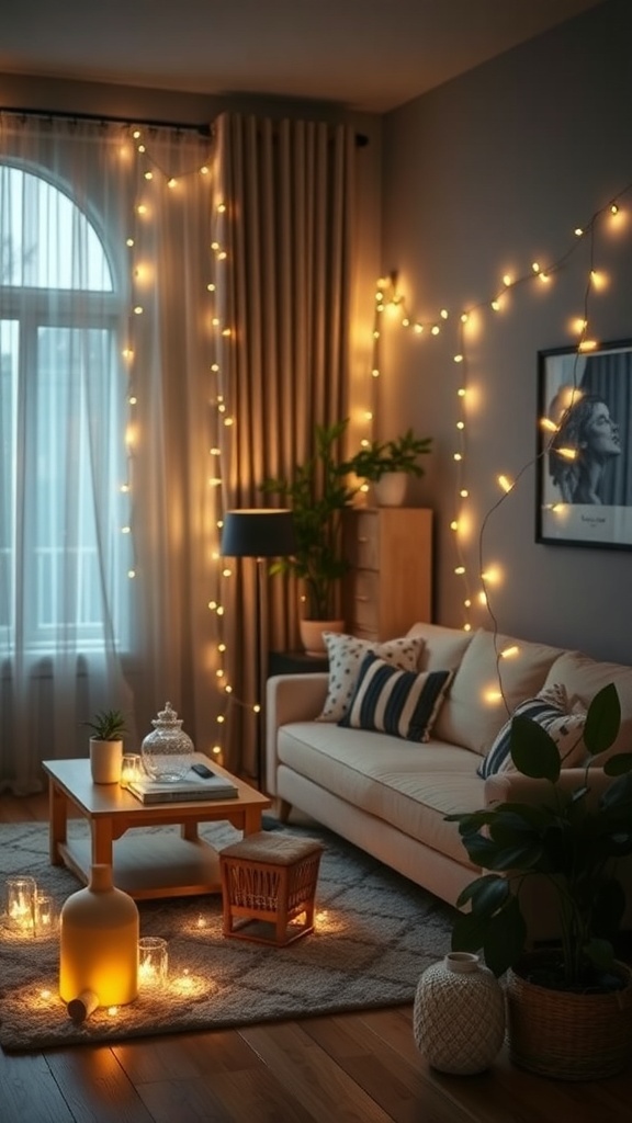 Living room decorated with twinkling fairy lights and cozy decor.