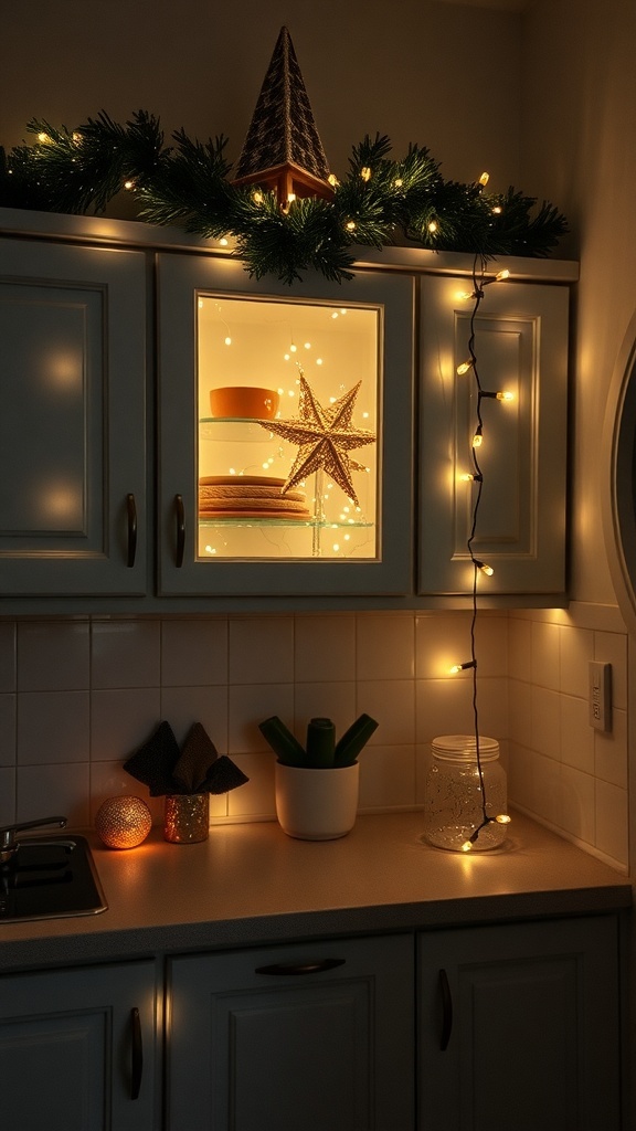A cozy kitchen decorated with fairy lights and Christmas accents.