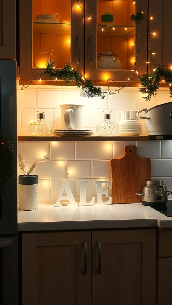 Twinkling fairy lights and Christmas decor in a kitchen cabinet.