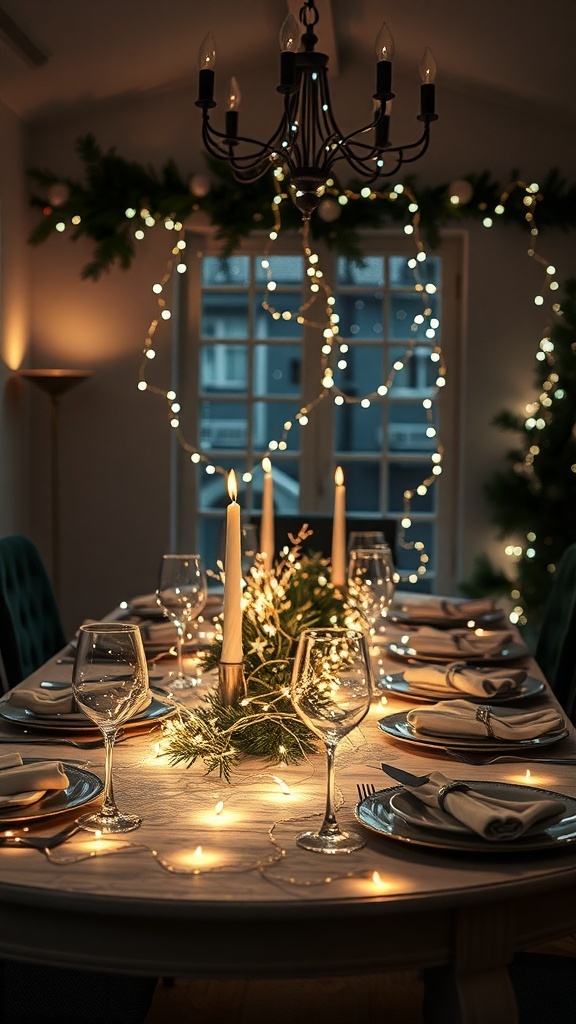 A beautifully decorated dining table with twinkling fairy lights, candles, and festive greenery.