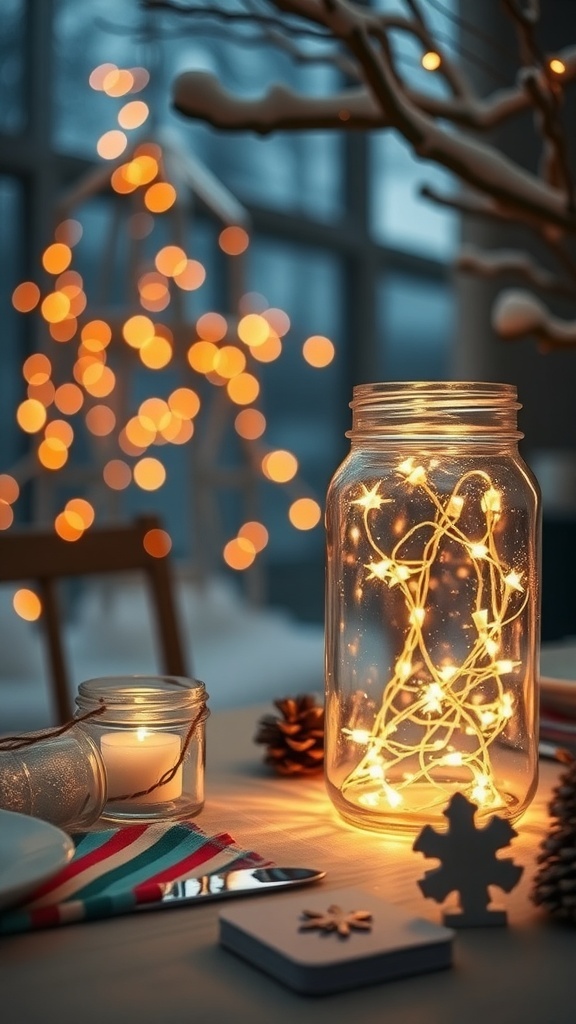 A cozy winter table setting with glass jars filled with twinkling fairy lights.