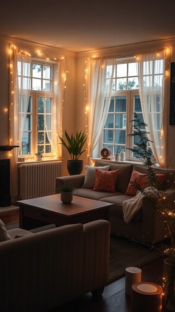 A cozy living room decorated with twinkling fairy lights along the windows, creating a warm and inviting atmosphere.