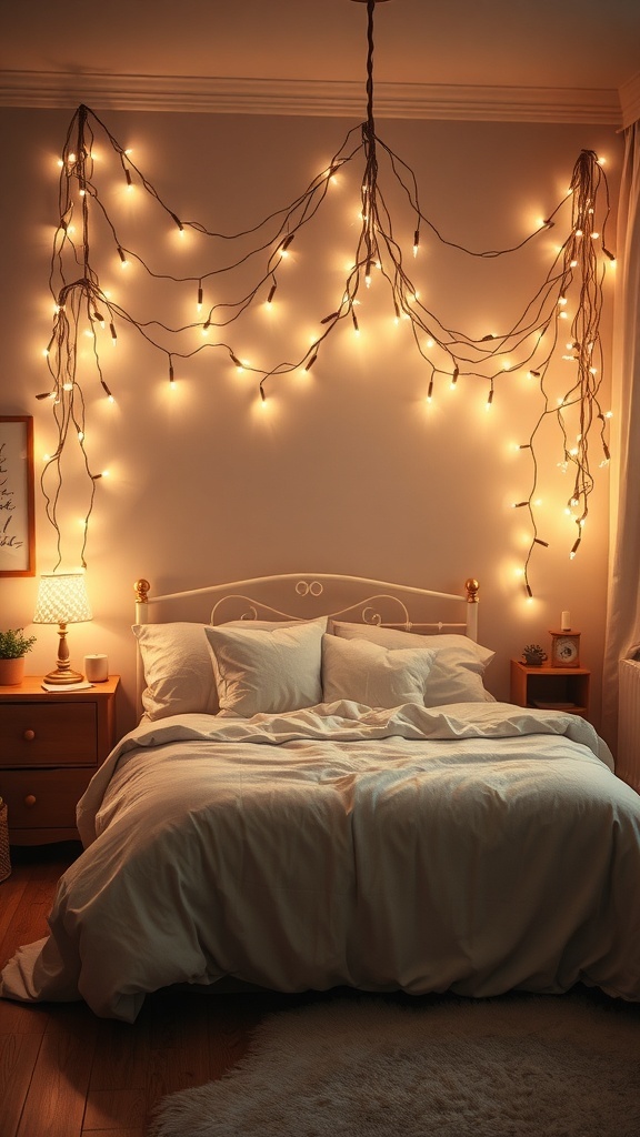 A cozy bedroom with twinkling fairy lights draped on the walls, creating a warm and inviting atmosphere.