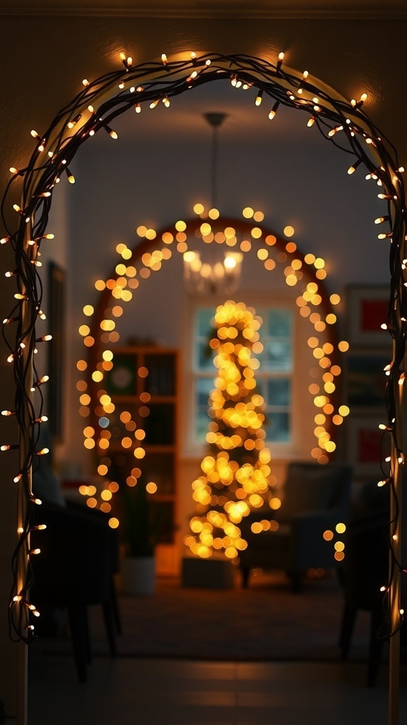 Indoor archway decorated with twinkling fairy lights leading to a Christmas tree
