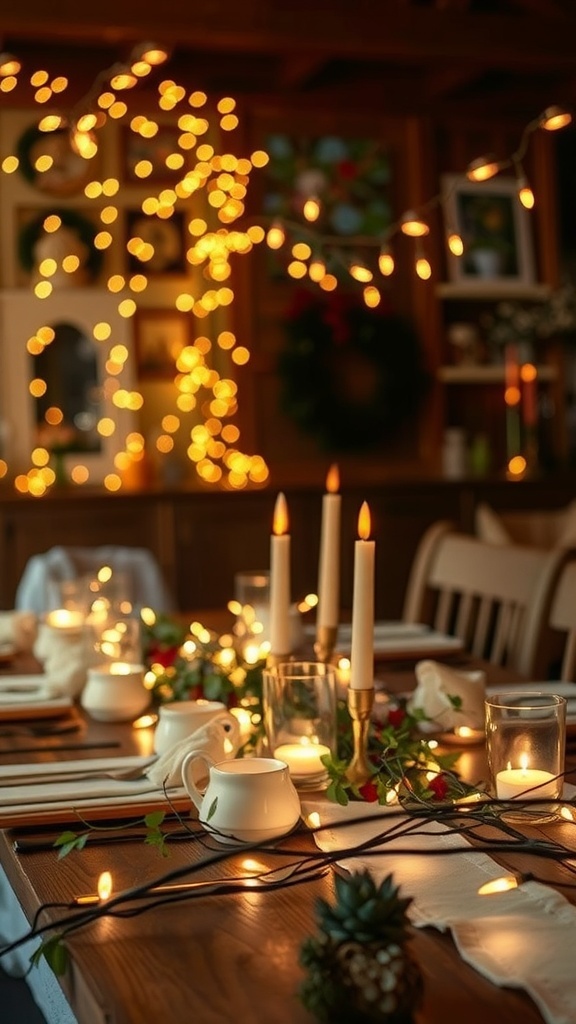 A beautifully decorated Christmas table with twinkling fairy lights, candles, and festive greenery.