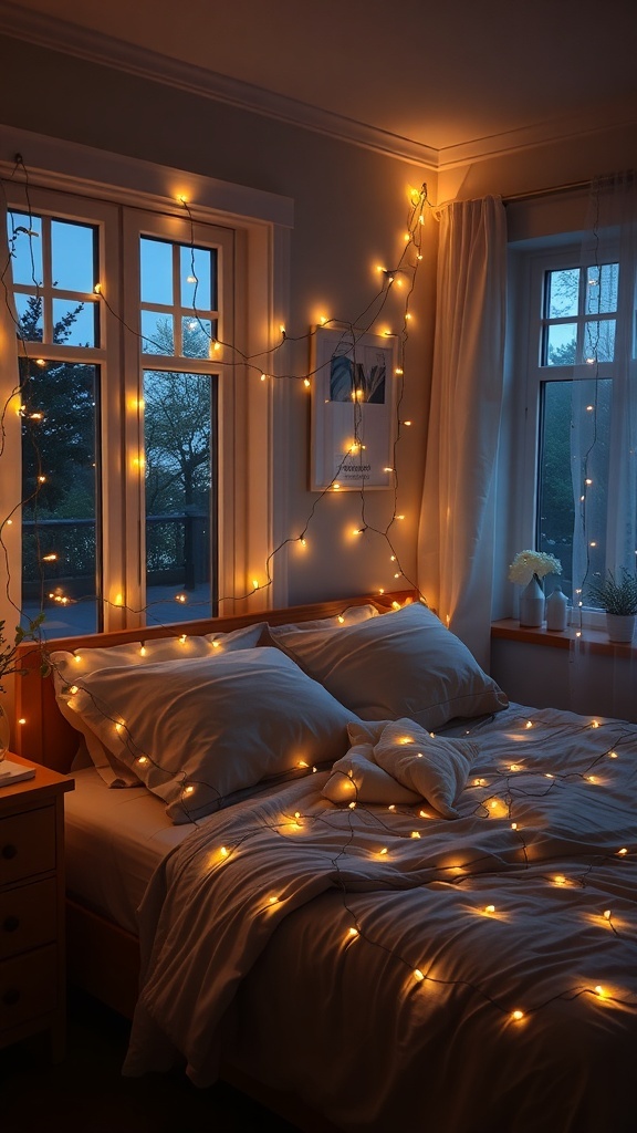 A cozy bedroom decorated with twinkling fairy lights.