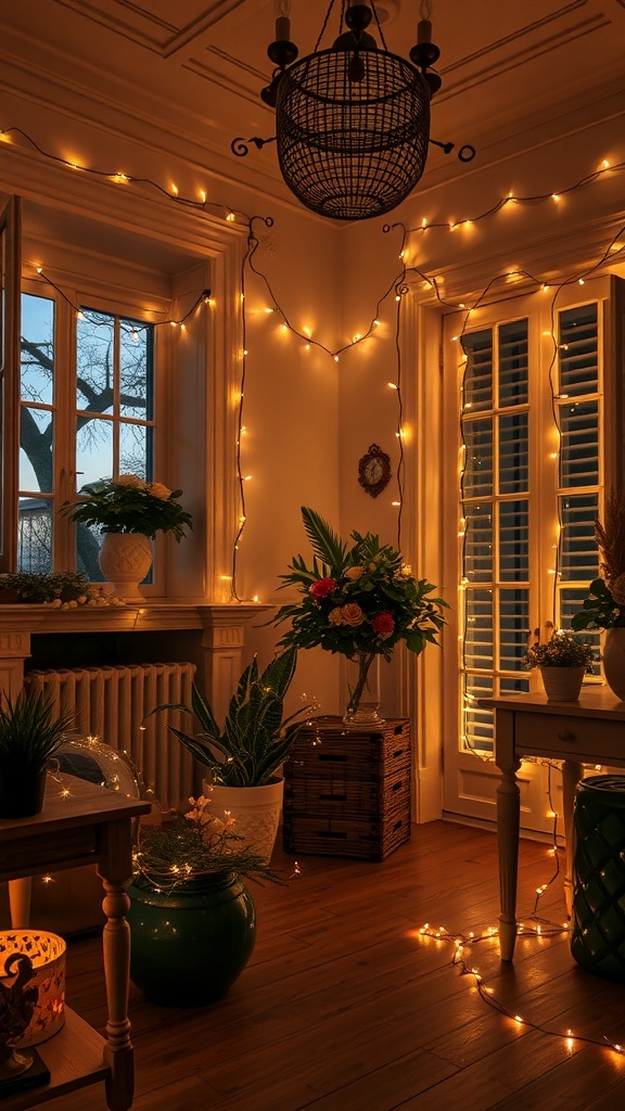 A cozy room decorated with twinkling fairy lights, plants, and warm colors.