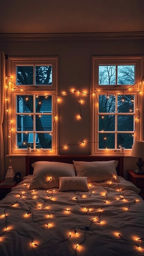 A cozy bedroom decorated with twinkling fairy lights around the windows and on the bed.