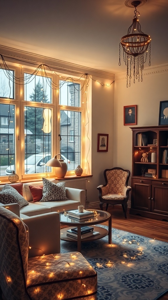A cozy living room decorated with twinkling fairy lights.