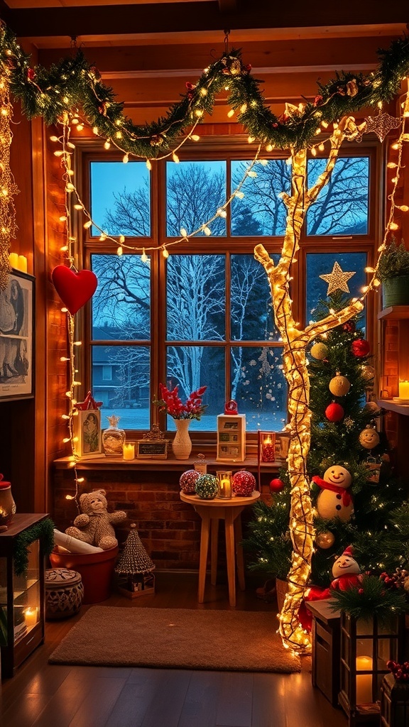 A cozy room decorated with twinkling fairy lights, a Christmas tree, and winter decor.