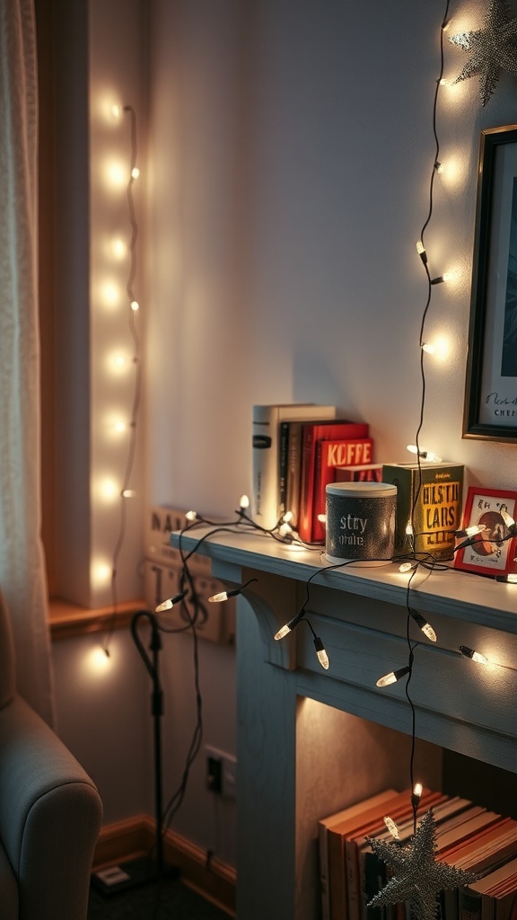 A cozy corner with twinkling fairy lights draped over a mantel and books.
