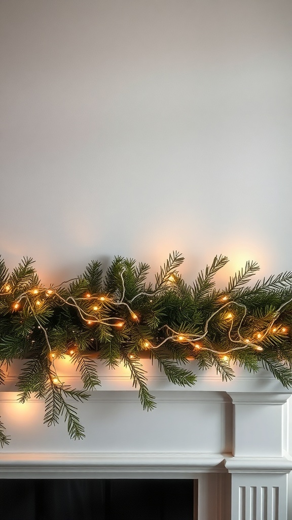 A winter mantle decorated with greenery and twinkling fairy lights.