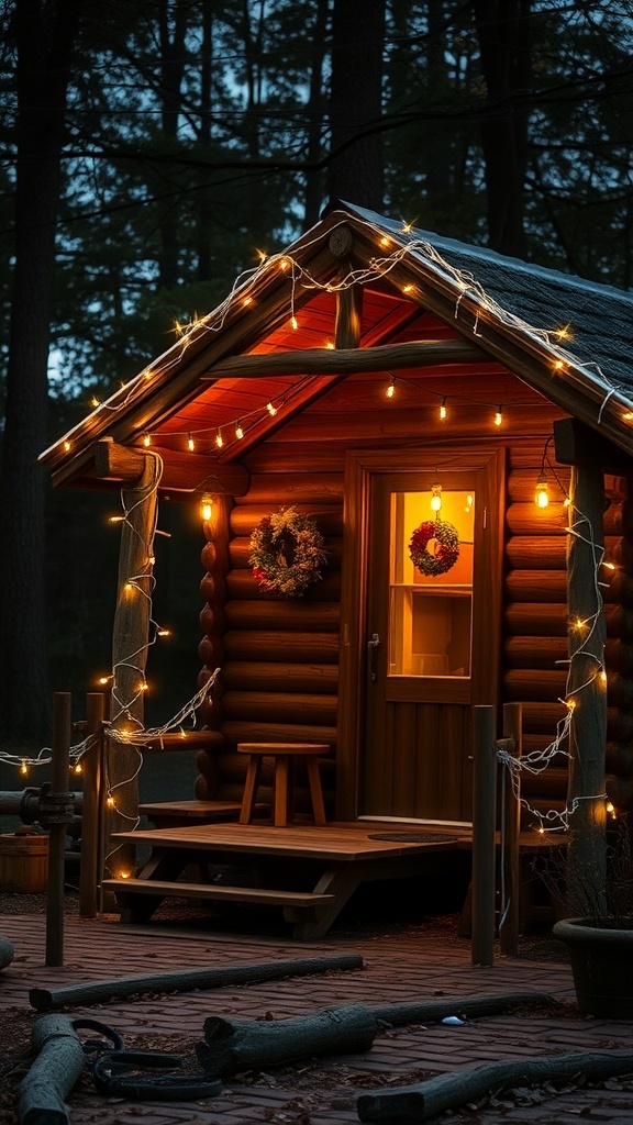A winter cabin adorned with twinkling fairy lights, creating a warm and inviting atmosphere.