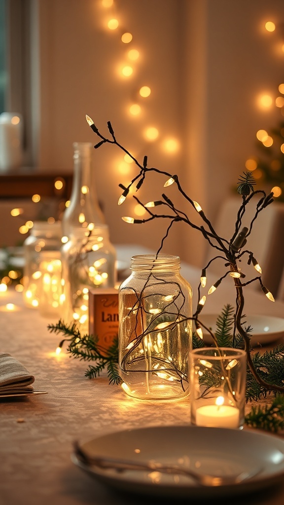 A winter table decorated with fairy lights, jars, and greenery.