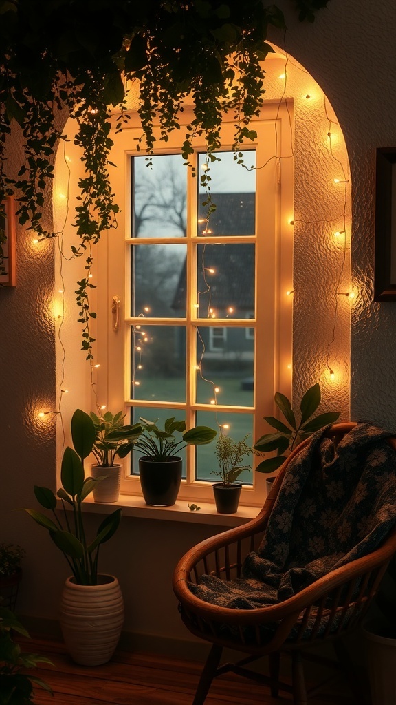 A cozy window adorned with twinkling fairy lights and potted plants.