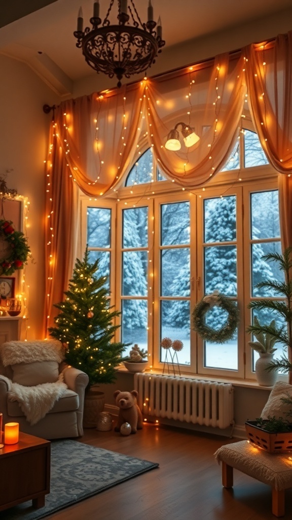 Cozy winter room decorated with twinkling fairy lights and a Christmas tree.