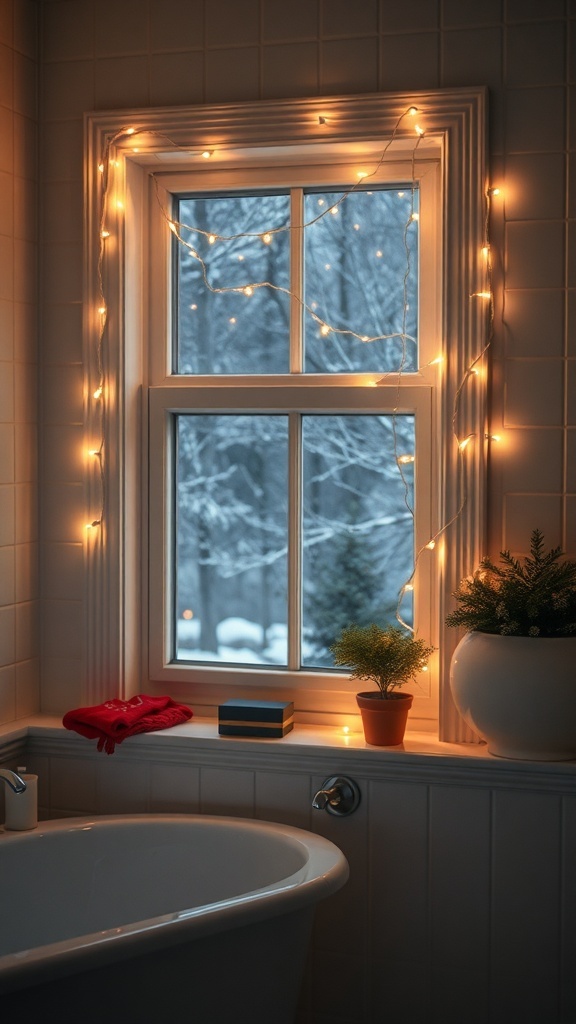 A bathroom window decorated with twinkling fairy lights, showcasing a cozy winter scene.