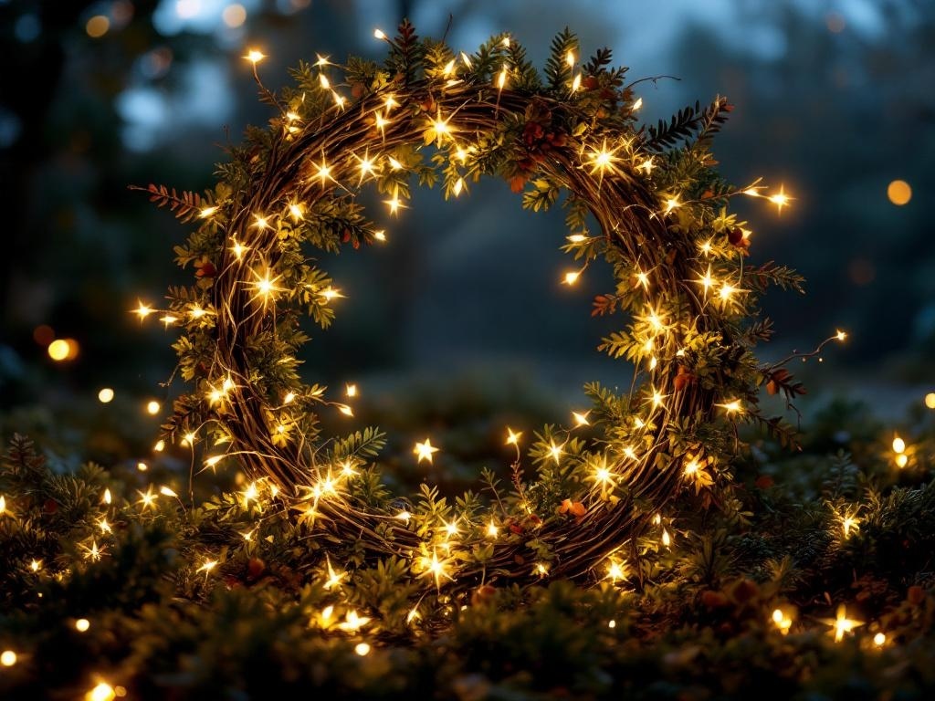 A wreath made of greenery and twinkling fairy lights, creating a warm and inviting atmosphere.