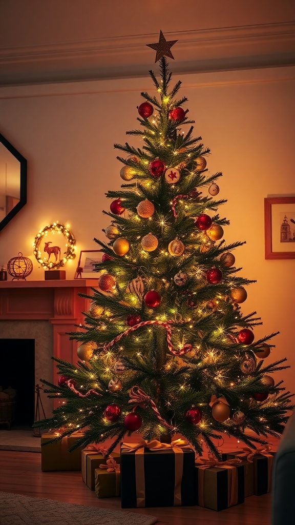 A beautifully decorated pink and gold Christmas tree with twinkling gold fairy lights.