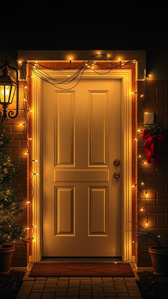 A front door decorated with twinkling lights and a festive wreath.