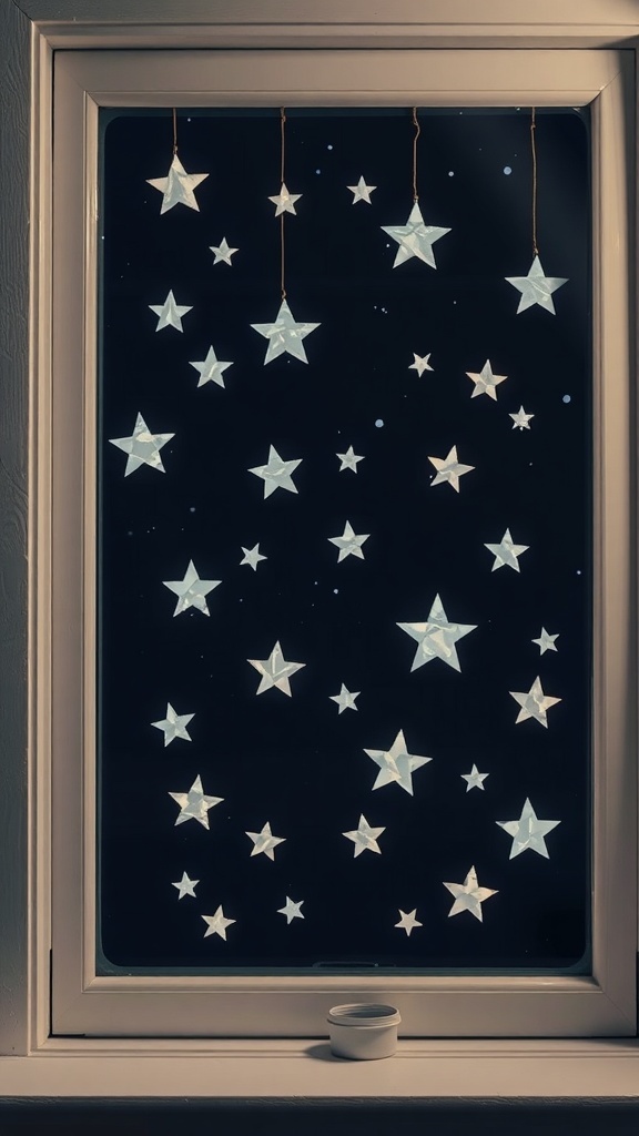 A window decorated with twinkling star cutouts against a dark background.