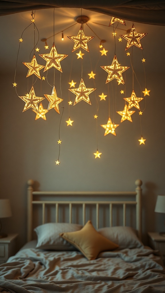 A bedroom with twinkling star hangings above the bed, creating a cozy and festive atmosphere.