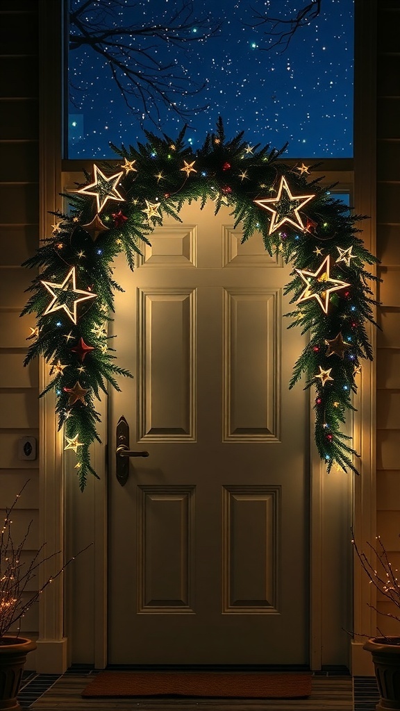 A beautifully lit wreath with stars and lights hanging over a door, set against a starry night sky.