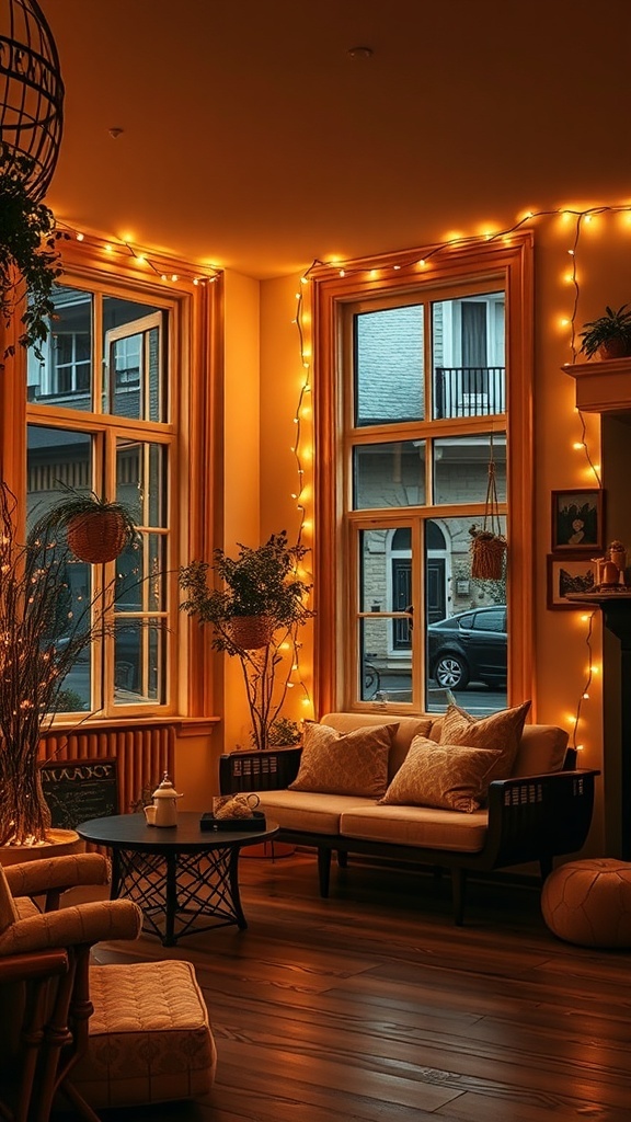 Cozy living room decorated with twinkling string lights for Christmas.