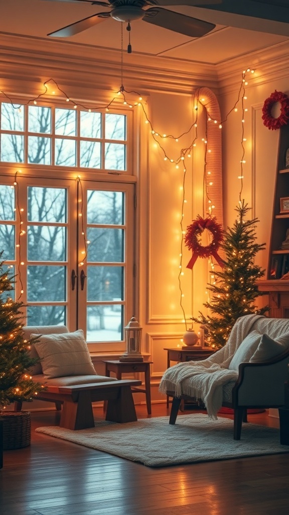 A cozy room decorated with twinkling string lights, featuring a comfortable chair, a small table, and two Christmas trees.