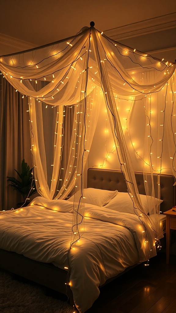 A cozy bedroom with a canopy made of soft fabric and twinkling string lights.