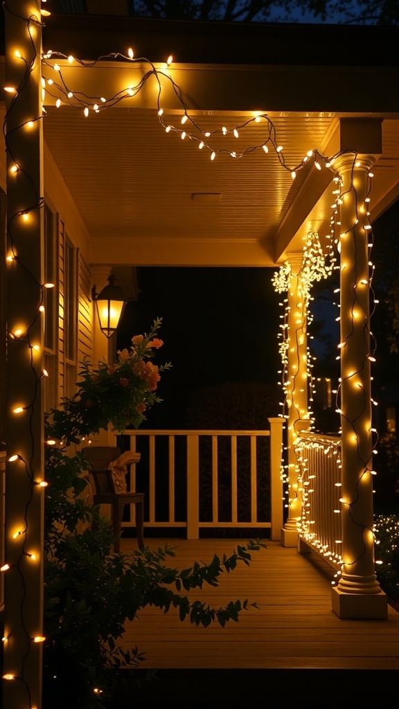A cozy front porch decorated with twinkling string lights