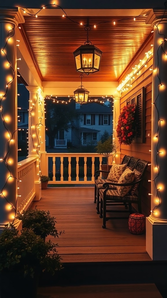 A beautifully decorated front porch with twinkling string lights and holiday decorations.