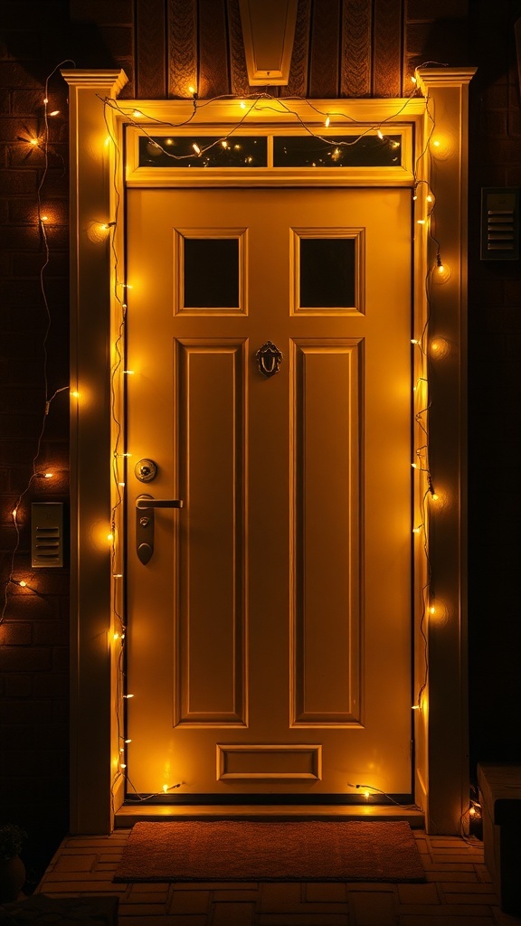 A warmly lit front door decorated with twinkling string lights.