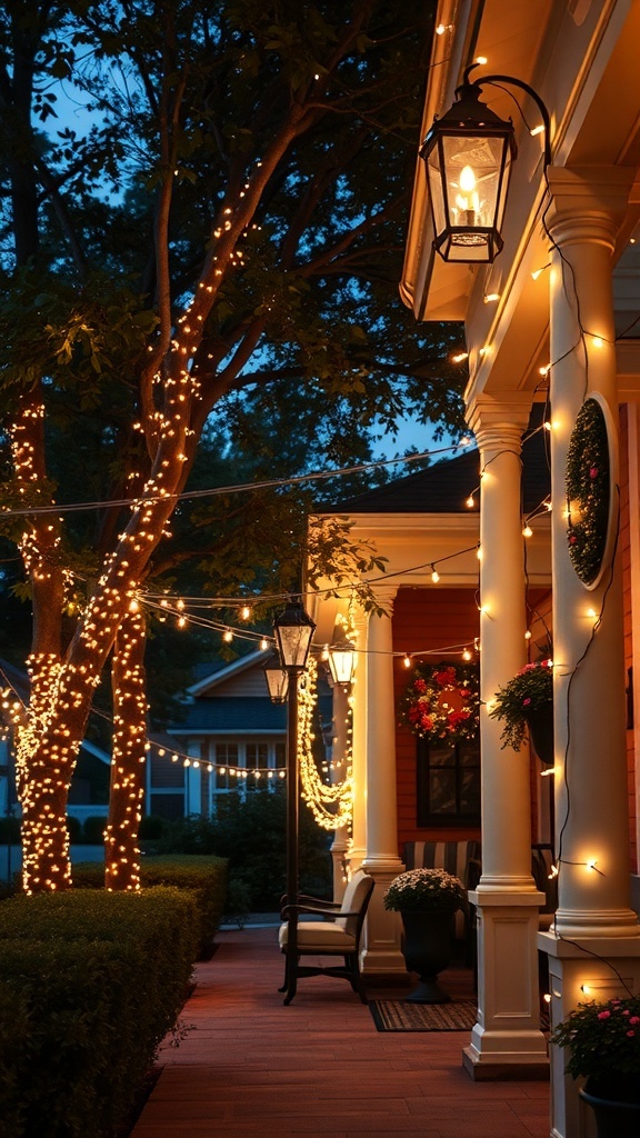 A beautifully decorated porch with twinkling string lights and lanterns, creating a festive atmosphere.