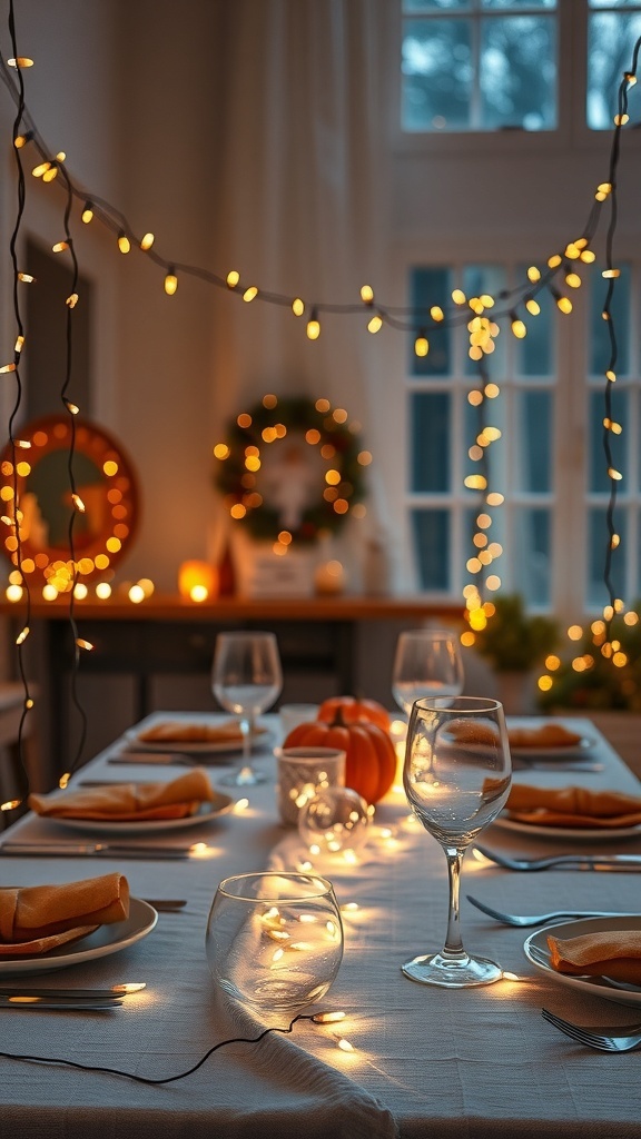 A beautifully set Thanksgiving table with twinkling string lights, a pumpkin, and elegant glassware.