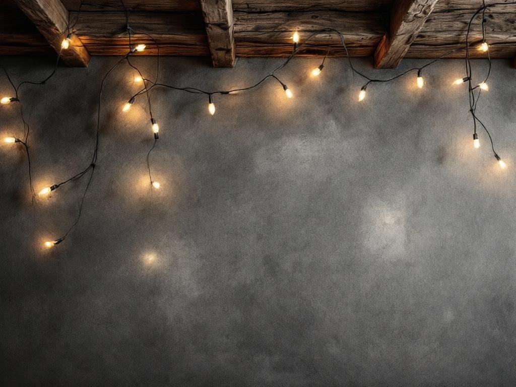 Twinkling string lights hanging from a wooden beam against a textured wall